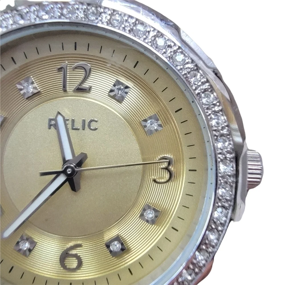𝅺RELIC Bone Beige Band with Rhinestones around face and at Points Around Dial